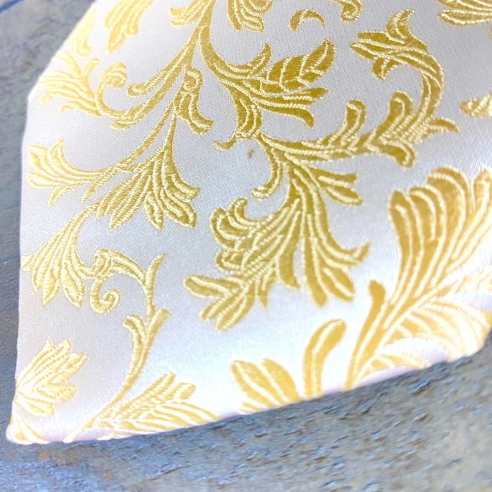 Penrose 100% Mulberry Silk Elegant Gold Jacquard  Leaf Print Tie Made in England